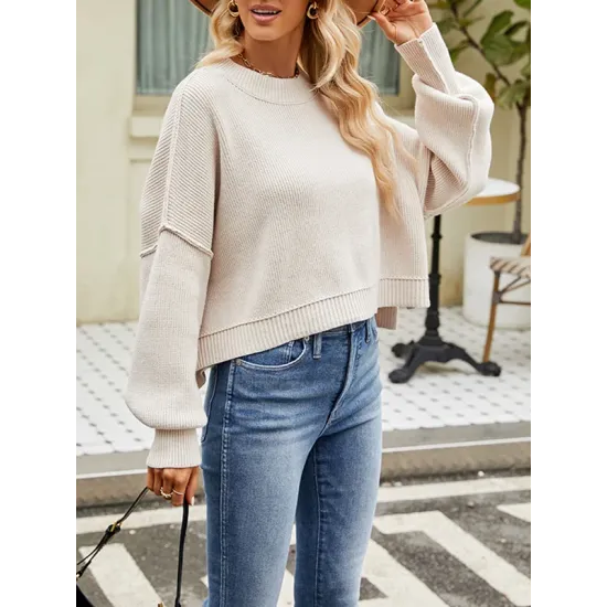 Solid Color Split-Joint Split-Side Batwing Sleeves High-Low Round-Neck Sweater Tops Pullovers Solid Color Split-Joint Split-Side Batwing Sleeves High-Low Round-Neck Sweater Tops Pullovers