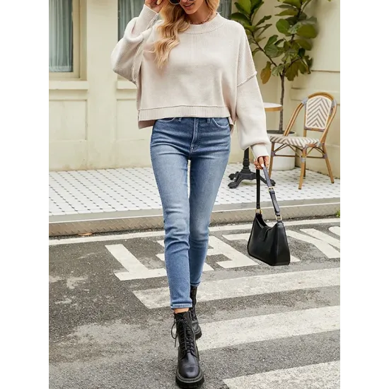 Solid Color Split-Joint Split-Side Batwing Sleeves High-Low Round-Neck Sweater Tops Pullovers Solid Color Split-Joint Split-Side Batwing Sleeves High-Low Round-Neck Sweater Tops Pullovers