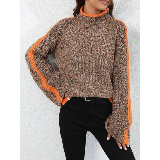 Casual Long Sleeves Loose Contrast Color Half Turtleneck Sweater Tops Casual Long Sleeves Loose Contrast Color Half Turtleneck Sweater Tops