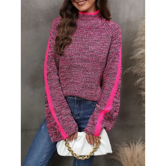 Casual Long Sleeves Loose Contrast Color Half Turtleneck Sweater Tops Casual Long Sleeves Loose Contrast Color Half Turtleneck Sweater Tops