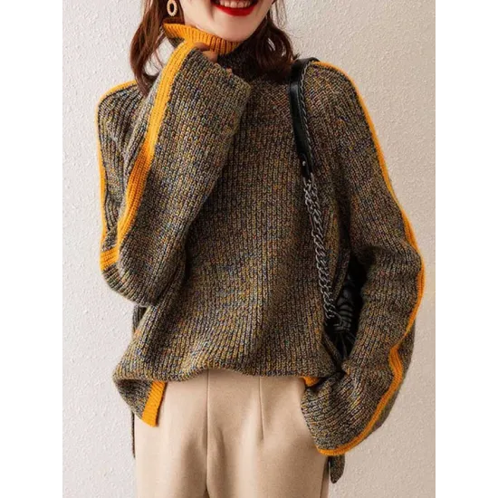 Casual Long Sleeves Loose Contrast Color Half Turtleneck Sweater Tops Casual Long Sleeves Loose Contrast Color Half Turtleneck Sweater Tops