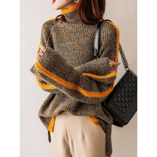 Casual Long Sleeves Loose Contrast Color Half Turtleneck Sweater Tops Casual Long Sleeves Loose Contrast Color Half Turtleneck Sweater Tops