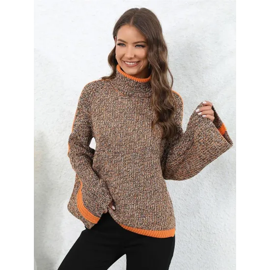 Casual Long Sleeves Loose Contrast Color Half Turtleneck Sweater Tops Casual Long Sleeves Loose Contrast Color Half Turtleneck Sweater Tops