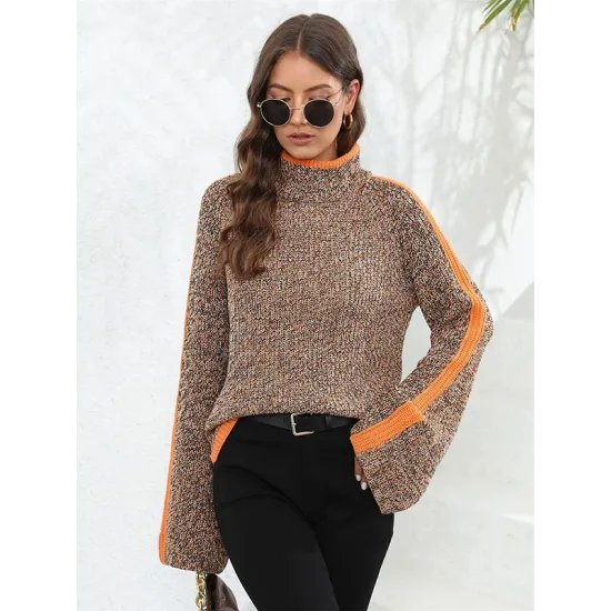 Casual Long Sleeves Loose Contrast Color Half Turtleneck Sweater Tops Casual Long Sleeves Loose Contrast Color Half Turtleneck Sweater Tops