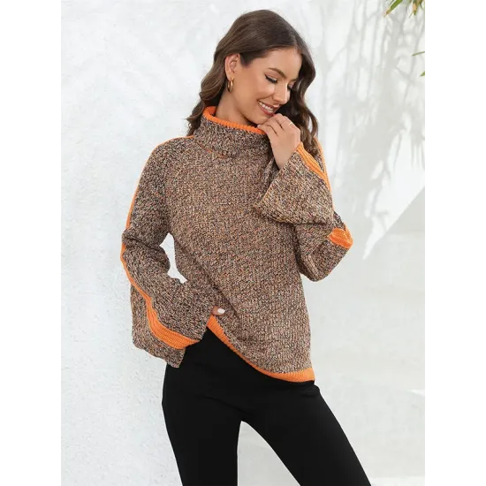 Casual Long Sleeves Loose Contrast Color Half Turtleneck Sweater Tops Casual Long Sleeves Loose Contrast Color Half Turtleneck Sweater Tops