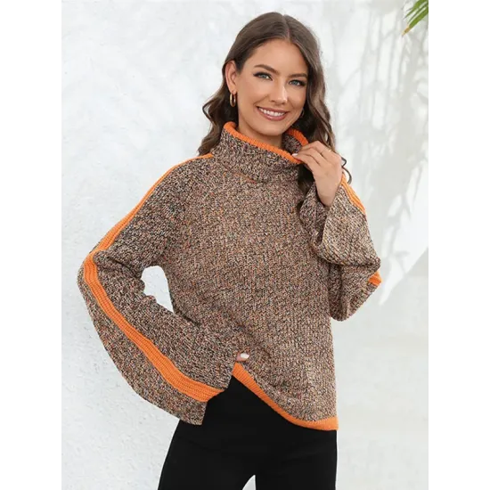 Casual Long Sleeves Loose Contrast Color Half Turtleneck Sweater Tops Casual Long Sleeves Loose Contrast Color Half Turtleneck Sweater Tops
