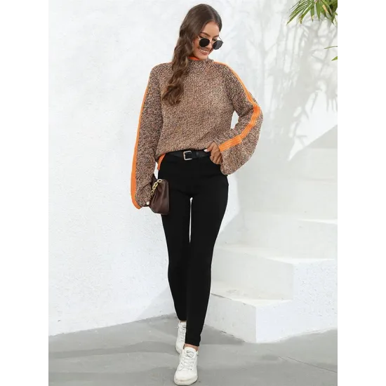Casual Long Sleeves Loose Contrast Color Half Turtleneck Sweater Tops Casual Long Sleeves Loose Contrast Color Half Turtleneck Sweater Tops