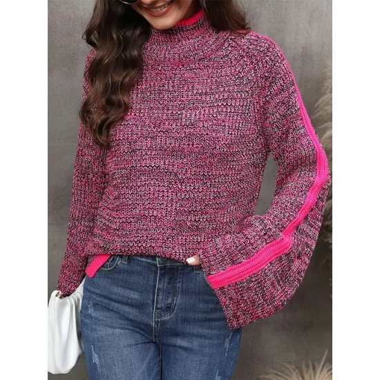 Casual Long Sleeves Loose Contrast Color Half Turtleneck Sweater Tops Casual Long Sleeves Loose Contrast Color Half Turtleneck Sweater Tops