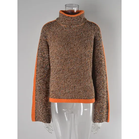 Casual Long Sleeves Loose Contrast Color Half Turtleneck Sweater Tops Casual Long Sleeves Loose Contrast Color Half Turtleneck Sweater Tops