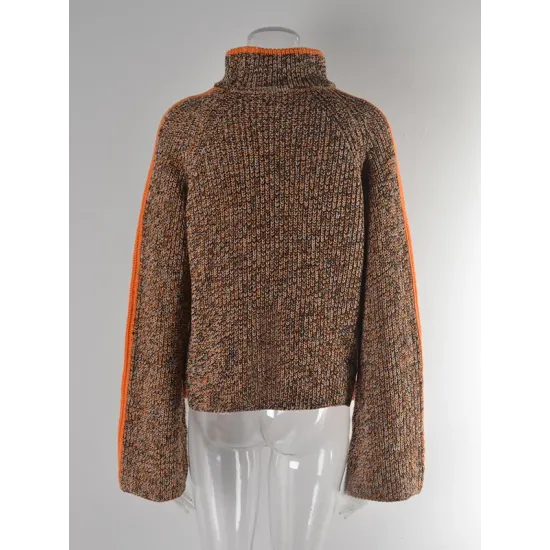 Casual Long Sleeves Loose Contrast Color Half Turtleneck Sweater Tops Casual Long Sleeves Loose Contrast Color Half Turtleneck Sweater Tops