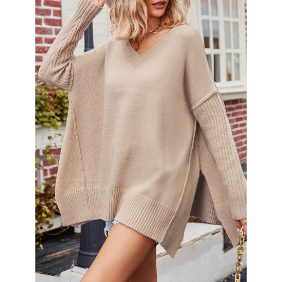 Solid Color Split-Side Batwing Sleeves Long Sleeves V-Neck Sweater Tops Pullovers Knitwear Solid Color Split-Side Batwing Sleeves Long Sleeves V-Neck Sweater Tops Pullovers Knitwear