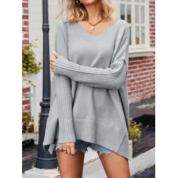Solid Color Split-Side Batwing Sleeves Long Sleeves V-Neck Sweater Tops Pullovers Knitwear