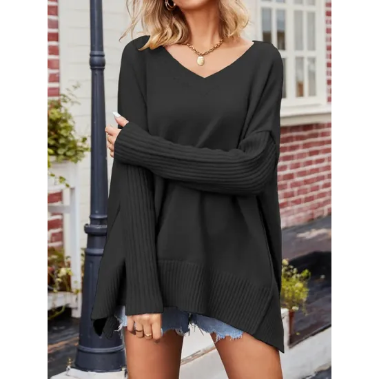 Solid Color Split-Side Batwing Sleeves Long Sleeves V-Neck Sweater Tops Pullovers Knitwear Solid Color Split-Side Batwing Sleeves Long Sleeves V-Neck Sweater Tops Pullovers Knitwear