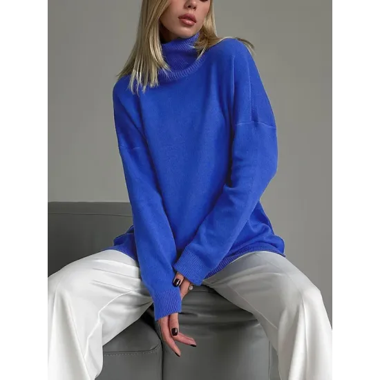 Casual Loose Long Sleeves Split-Side Solid Color High-Neck Sweater Tops Casual Loose Long Sleeves Split-Side Solid Color High-Neck Sweater Tops