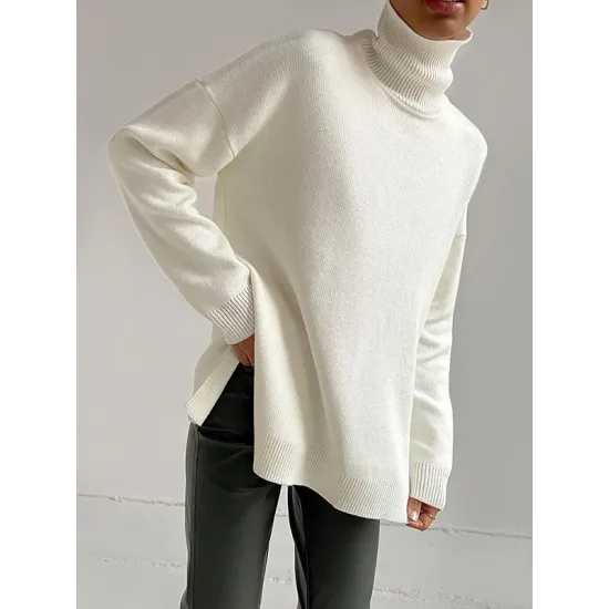 Casual Loose Long Sleeves Split-Side Solid Color High-Neck Sweater Tops Casual Loose Long Sleeves Split-Side Solid Color High-Neck Sweater Tops