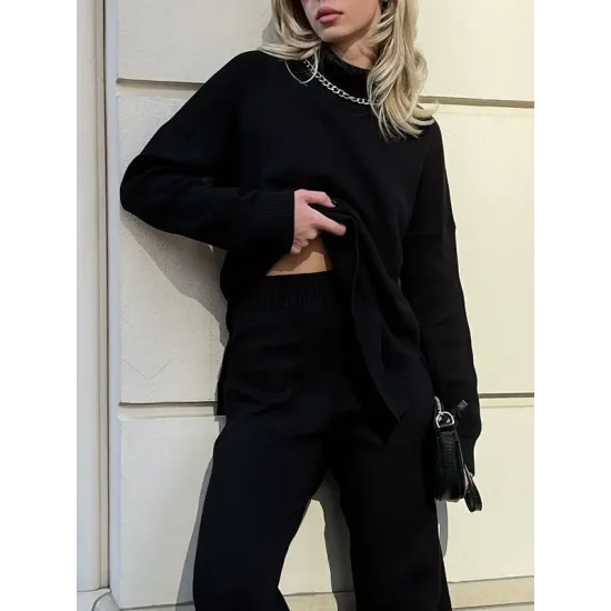 Casual Loose Long Sleeves Split-Side Solid Color High-Neck Sweater Tops Casual Loose Long Sleeves Split-Side Solid Color High-Neck Sweater Tops