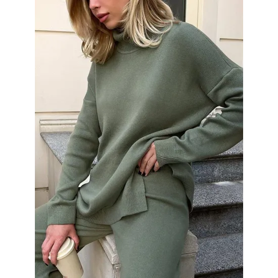Casual Loose Long Sleeves Split-Side Solid Color High-Neck Sweater Tops Casual Loose Long Sleeves Split-Side Solid Color High-Neck Sweater Tops