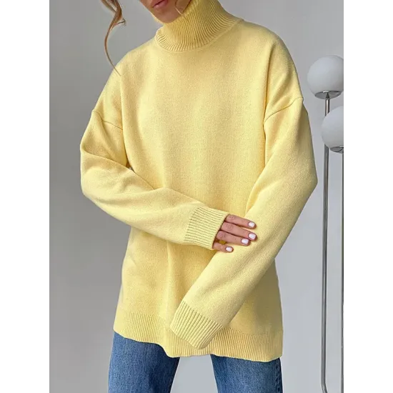 Casual Loose Long Sleeves Split-Side Solid Color High-Neck Sweater Tops Casual Loose Long Sleeves Split-Side Solid Color High-Neck Sweater Tops