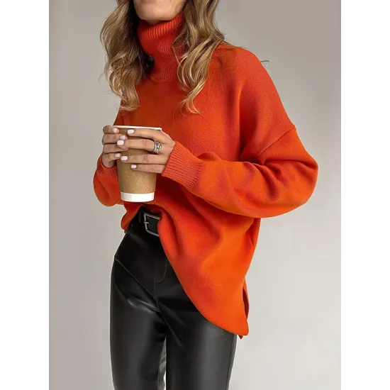 Casual Loose Long Sleeves Split-Side Solid Color High-Neck Sweater Tops Casual Loose Long Sleeves Split-Side Solid Color High-Neck Sweater Tops