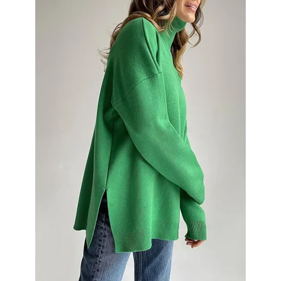 Casual Loose Long Sleeves Split-Side Solid Color High-Neck Sweater Tops Casual Loose Long Sleeves Split-Side Solid Color High-Neck Sweater Tops