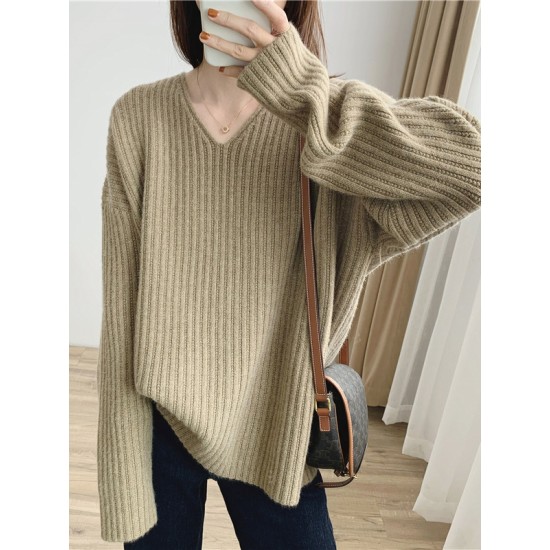 Casual Long Sleeves Loose Solid Color V-Neck Sweater Tops Casual Long Sleeves Loose Solid Color V-Neck Sweater Tops