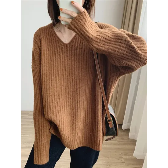 Casual Long Sleeves Loose Solid Color V-Neck Sweater Tops Casual Long Sleeves Loose Solid Color V-Neck Sweater Tops