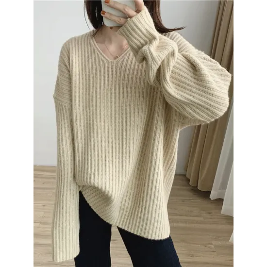 Casual Long Sleeves Loose Solid Color V-Neck Sweater Tops Casual Long Sleeves Loose Solid Color V-Neck Sweater Tops