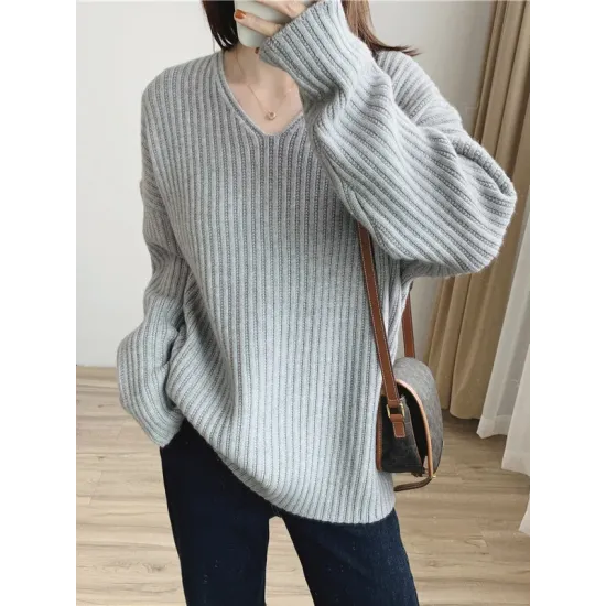 Casual Long Sleeves Loose Solid Color V-Neck Sweater Tops Casual Long Sleeves Loose Solid Color V-Neck Sweater Tops