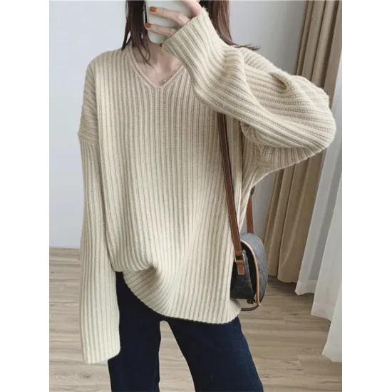 Casual Long Sleeves Loose Solid Color V-Neck Sweater Tops Casual Long Sleeves Loose Solid Color V-Neck Sweater Tops