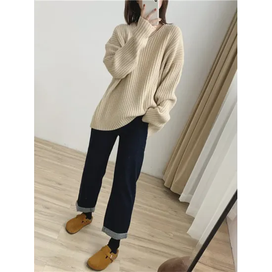 Casual Long Sleeves Loose Solid Color V-Neck Sweater Tops Casual Long Sleeves Loose Solid Color V-Neck Sweater Tops