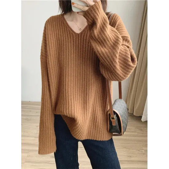 Casual Long Sleeves Loose Solid Color V-Neck Sweater Tops Casual Long Sleeves Loose Solid Color V-Neck Sweater Tops