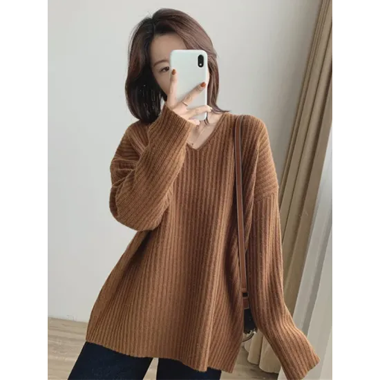 Casual Long Sleeves Loose Solid Color V-Neck Sweater Tops Casual Long Sleeves Loose Solid Color V-Neck Sweater Tops