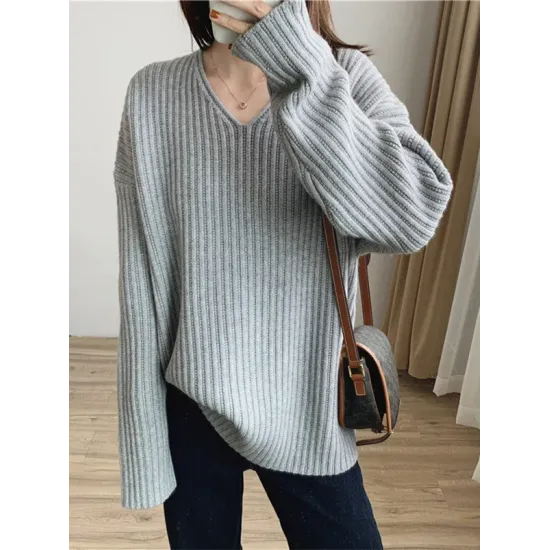 Casual Long Sleeves Loose Solid Color V-Neck Sweater Tops Casual Long Sleeves Loose Solid Color V-Neck Sweater Tops