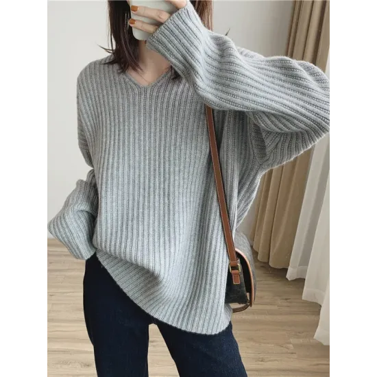 Casual Long Sleeves Loose Solid Color V-Neck Sweater Tops Casual Long Sleeves Loose Solid Color V-Neck Sweater Tops