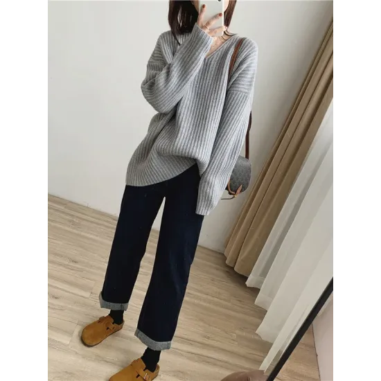 Casual Long Sleeves Loose Solid Color V-Neck Sweater Tops Casual Long Sleeves Loose Solid Color V-Neck Sweater Tops
