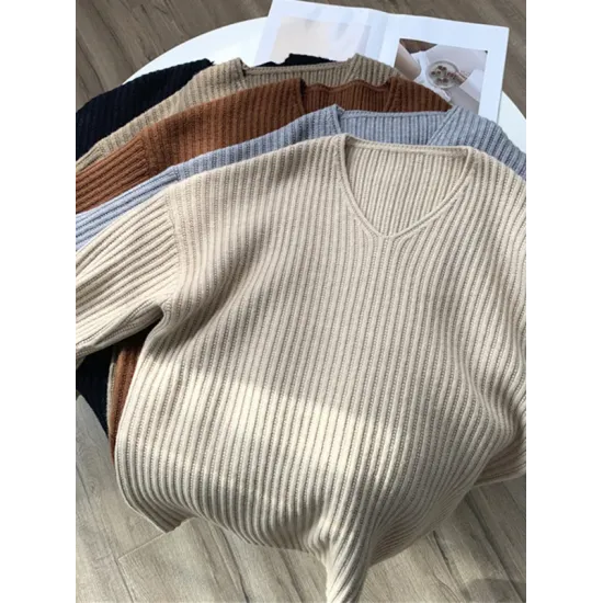 Casual Long Sleeves Loose Solid Color V-Neck Sweater Tops Casual Long Sleeves Loose Solid Color V-Neck Sweater Tops