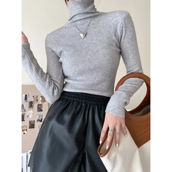 Simple Skinny Long Sleeves Solid Color High-Neck Pullovers
