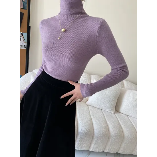 Simple Skinny Long Sleeves Solid Color High-Neck Pullovers