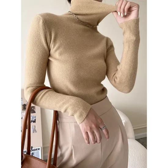 Simple Skinny Long Sleeves Solid Color High-Neck Pullovers