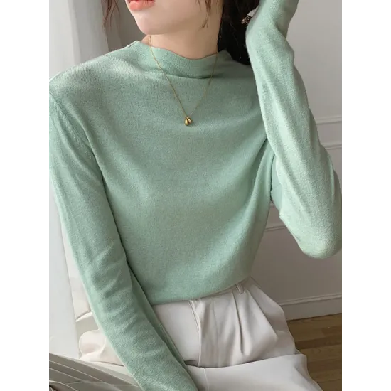 Simple Long Sleeves Skinny Solid Color High-Neck Pullovers Simple Long Sleeves Skinny Solid Color High-Neck Pullovers