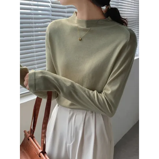 Simple Long Sleeves Skinny Solid Color High-Neck Pullovers Simple Long Sleeves Skinny Solid Color High-Neck Pullovers