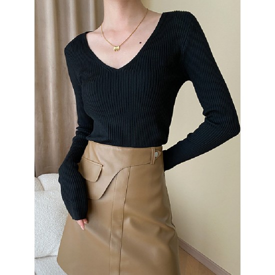 Solid Color Long Sleeves Skinny V-Neck Sweater Pullovers Knitwear Solid Color Long Sleeves Skinny V-Neck Sweater Pullovers Knitwear