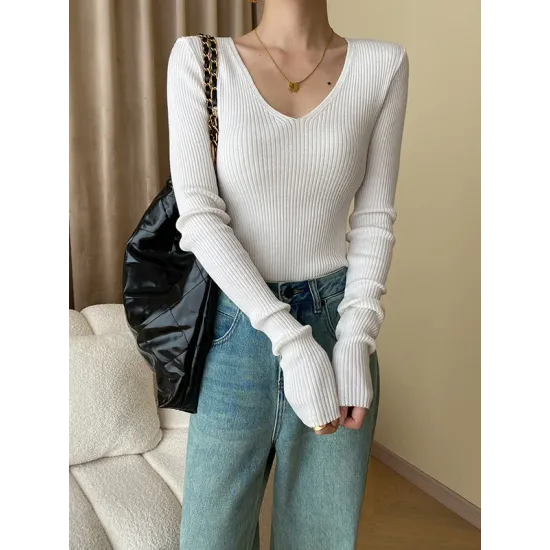 Solid Color Long Sleeves Skinny V-Neck Sweater Pullovers Knitwear Solid Color Long Sleeves Skinny V-Neck Sweater Pullovers Knitwear