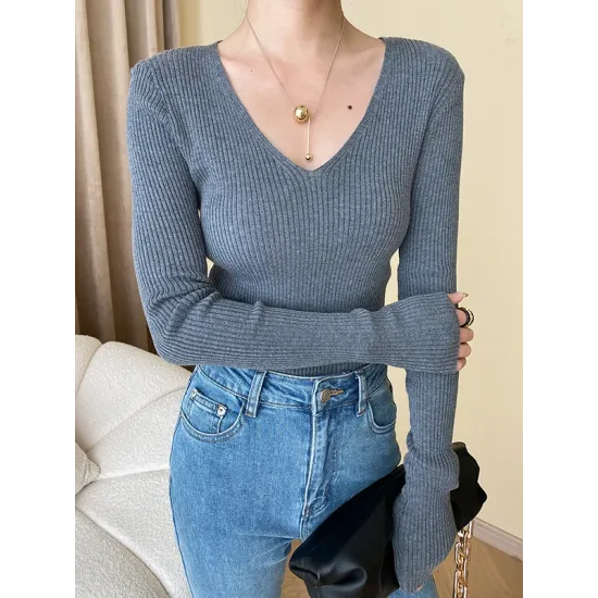Solid Color Long Sleeves Skinny V-Neck Sweater Pullovers Knitwear Solid Color Long Sleeves Skinny V-Neck Sweater Pullovers Knitwear
