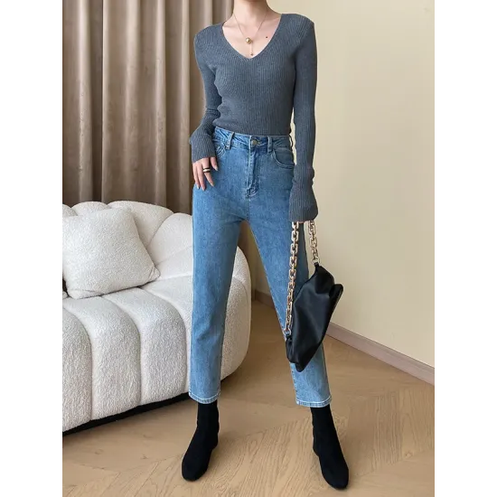 Solid Color Long Sleeves Skinny V-Neck Sweater Pullovers Knitwear Solid Color Long Sleeves Skinny V-Neck Sweater Pullovers Knitwear