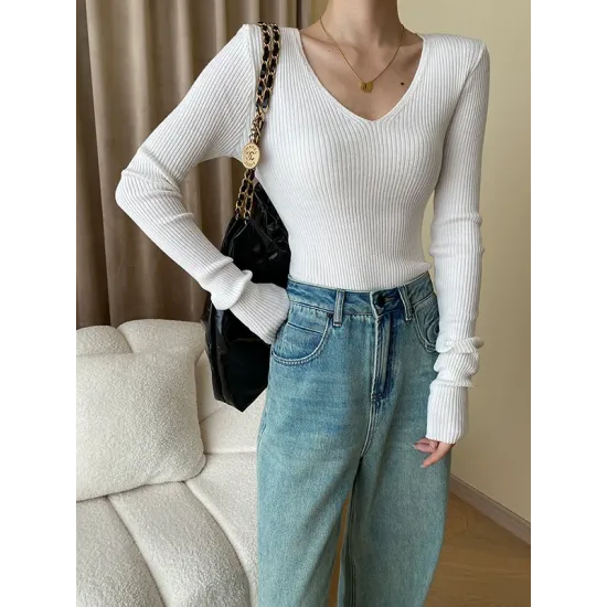 Solid Color Long Sleeves Skinny V-Neck Sweater Pullovers Knitwear Solid Color Long Sleeves Skinny V-Neck Sweater Pullovers Knitwear