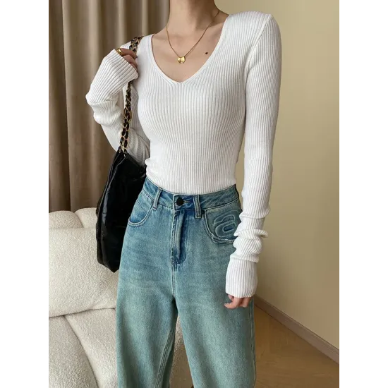 Solid Color Long Sleeves Skinny V-Neck Sweater Pullovers Knitwear Solid Color Long Sleeves Skinny V-Neck Sweater Pullovers Knitwear