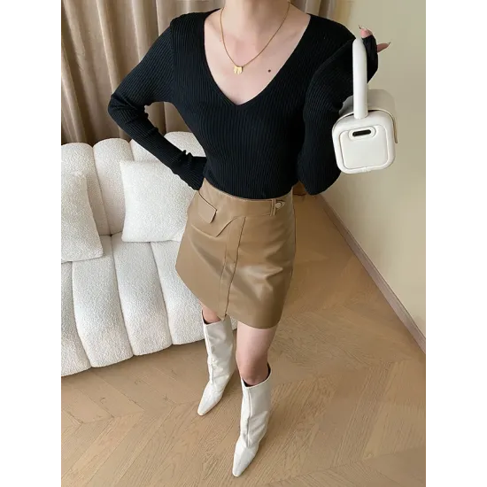 Solid Color Long Sleeves Skinny V-Neck Sweater Pullovers Knitwear Solid Color Long Sleeves Skinny V-Neck Sweater Pullovers Knitwear