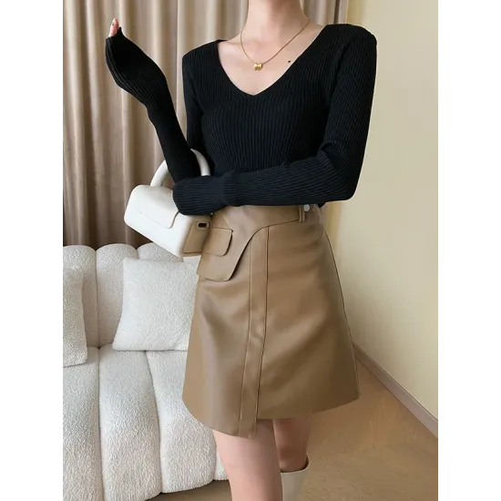 Solid Color Long Sleeves Skinny V-Neck Sweater Pullovers Knitwear Solid Color Long Sleeves Skinny V-Neck Sweater Pullovers Knitwear