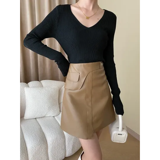 Solid Color Long Sleeves Skinny V-Neck Sweater Pullovers Knitwear Solid Color Long Sleeves Skinny V-Neck Sweater Pullovers Knitwear